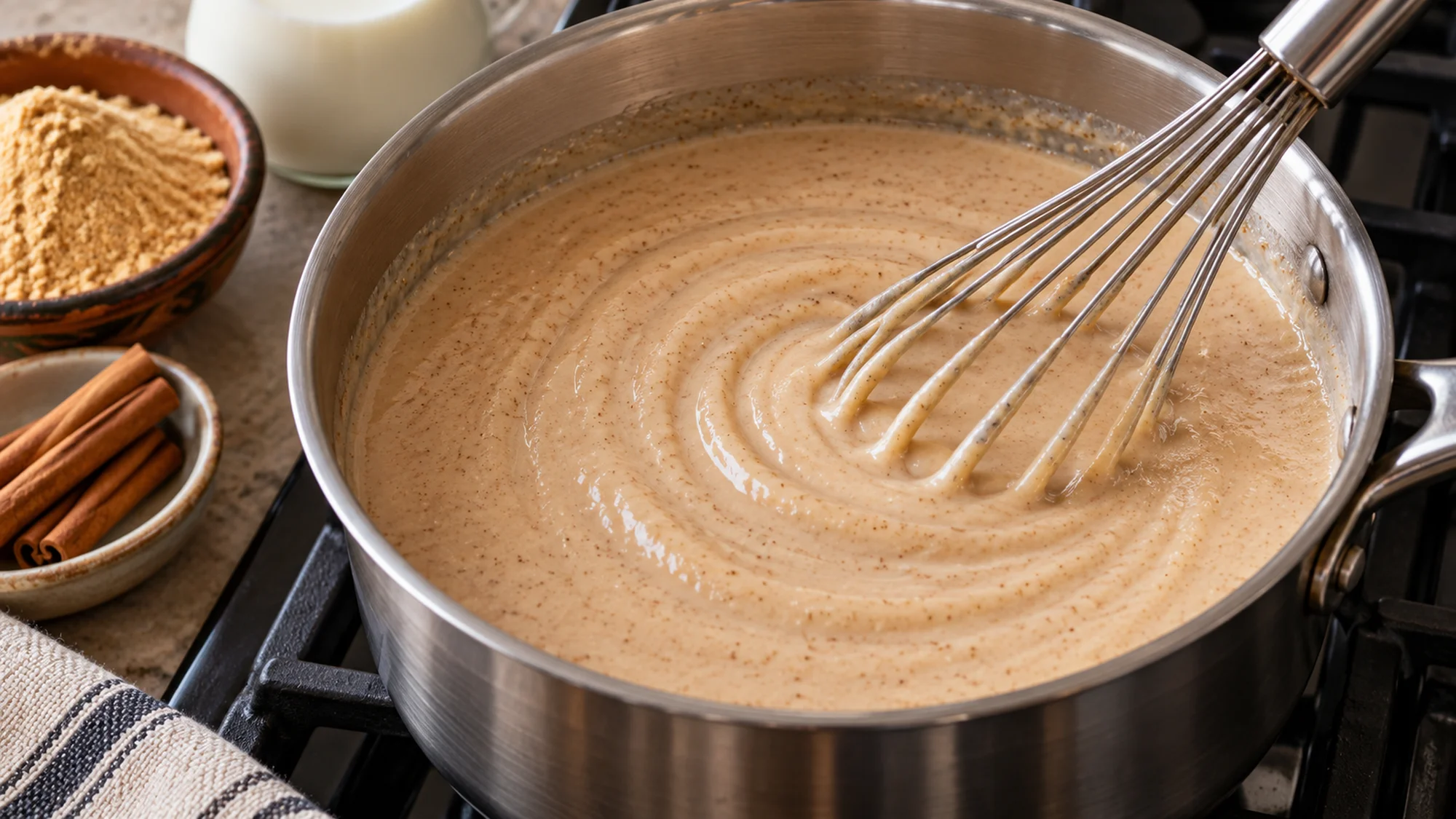 A whisk stirring atole de pinole in a saucepan