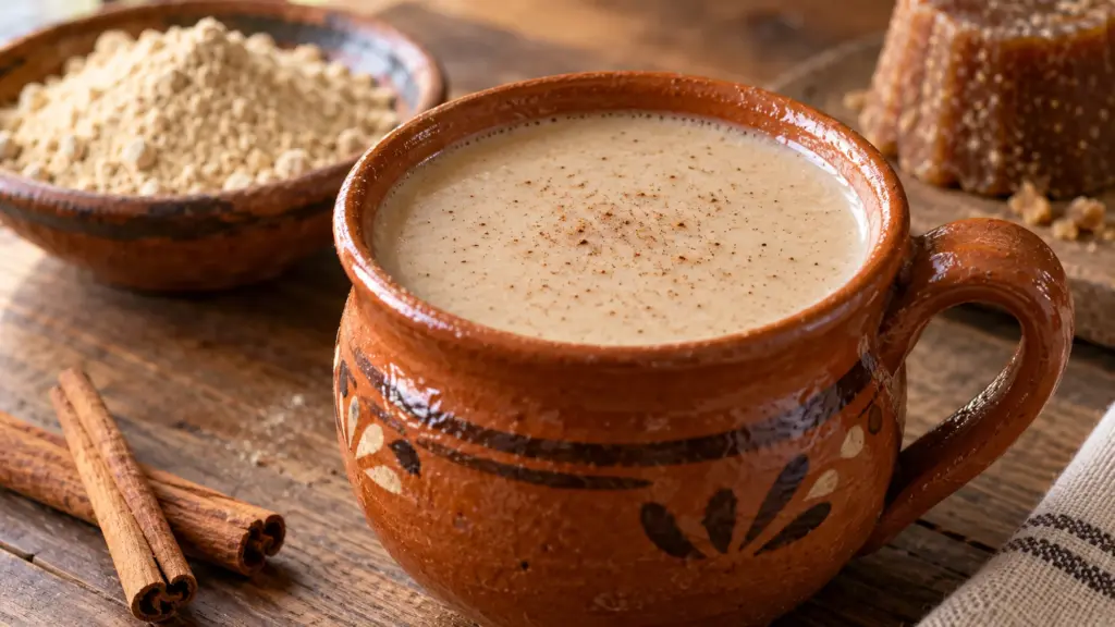 Creamy atole de pinole in a terracotta mug