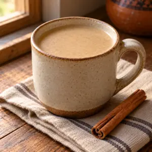 Atole de pinole served in a ceramic mug