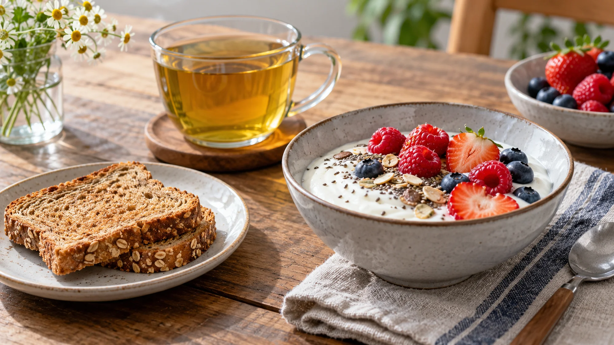 Yogurt with berries, wholegrain toast and herbal tea at breakfast