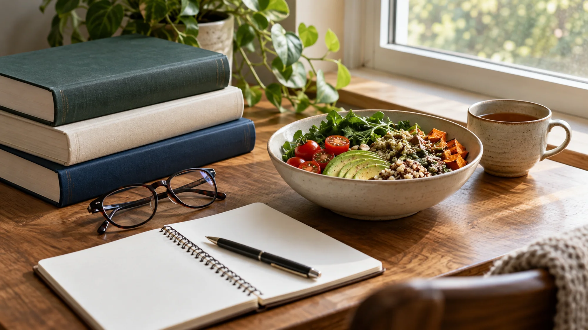 Blank books, reading glasses and a notebook beside a vegetable bowl and tea