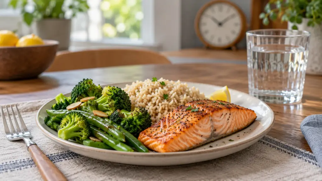 Salmon, brown rice and green vegetables served with water on a dining table