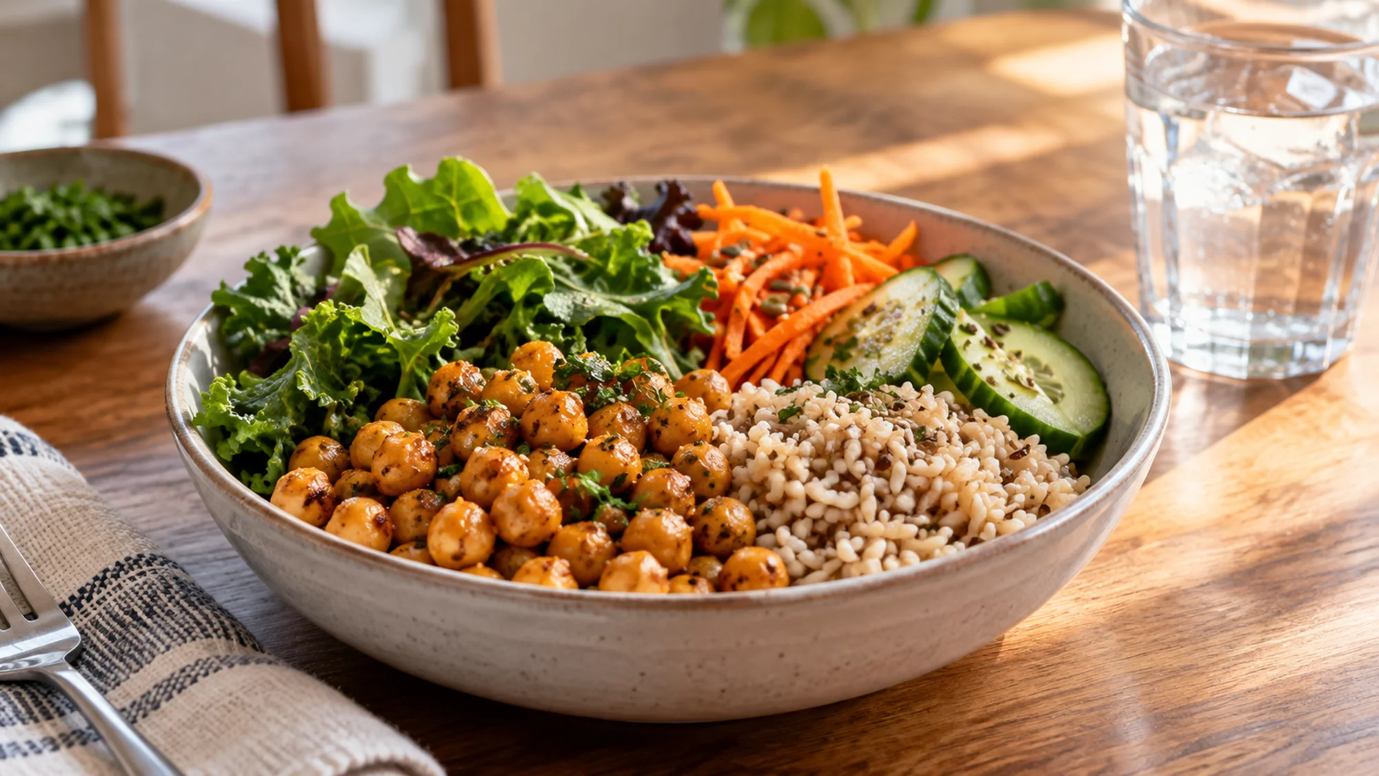 Chickpeas, whole grain rice and vegetables arranged in a lunch bowl