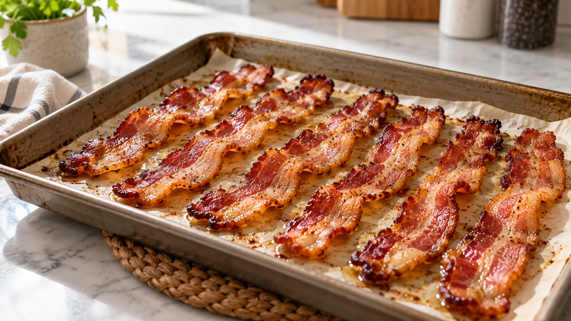 Thick-cut bacon cooked in a rimmed sheet pan