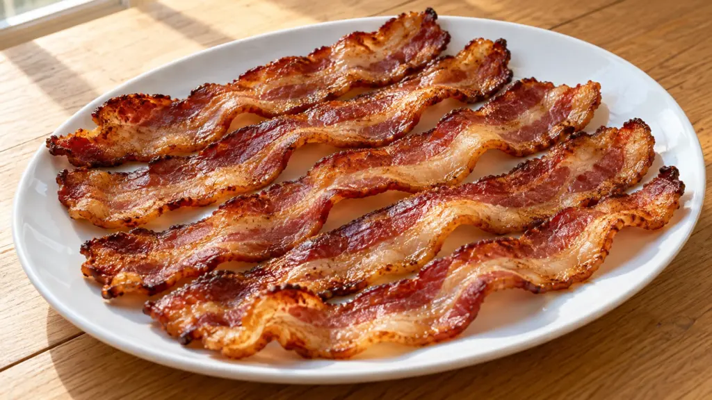 Fully cooked thick-cut bacon with browned crisp edges