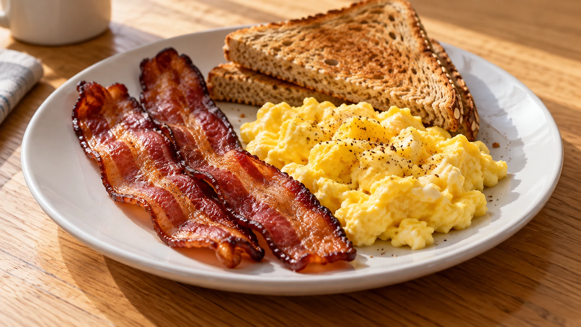 Thick-cut bacon served with scrambled eggs and toast