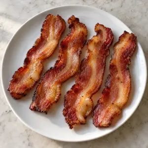 Four cooked thick-cut bacon strips on a white plate