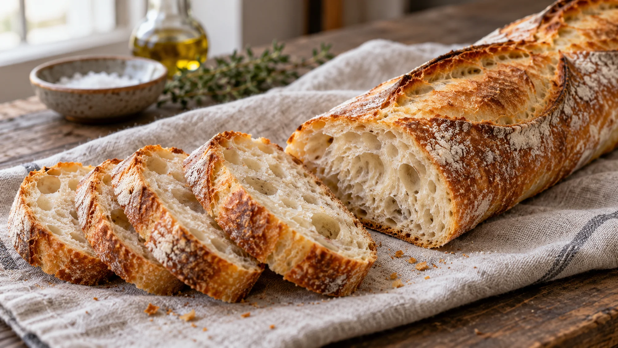 Sliced baguette showing its soft crumb beneath a crisp crust