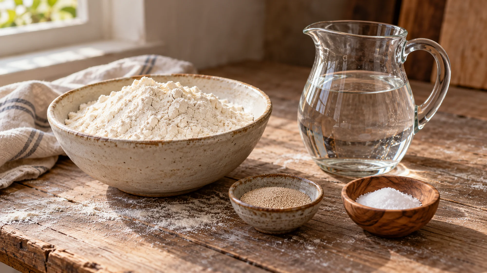 Flour, water, yeast and salt for baguette dough