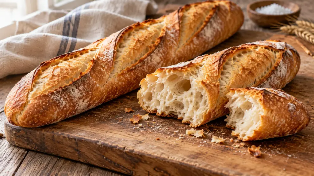 Baguette loaves with a golden crust and an open wheat crumb
