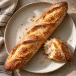 A golden baguette with a torn piece on a ceramic tray