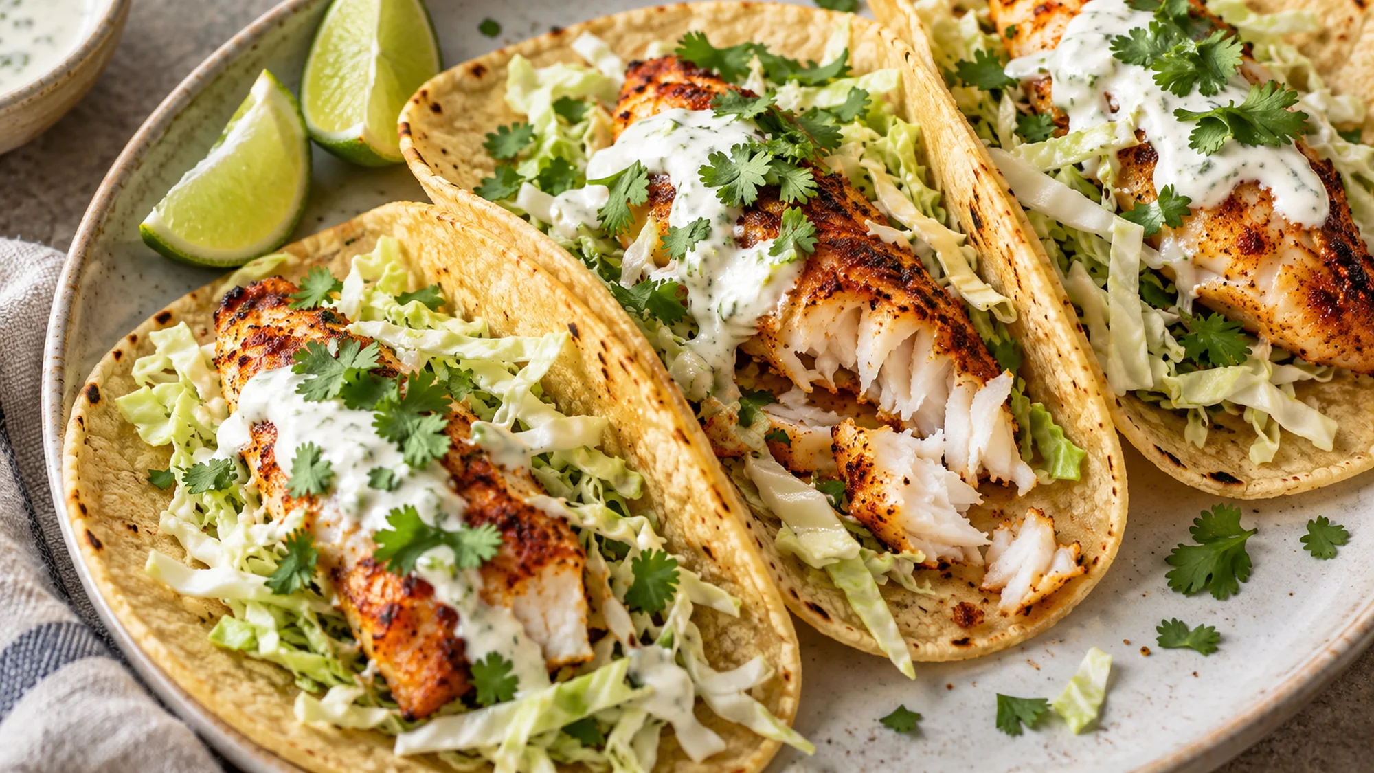Close view of baked cod tacos with flaky white fish