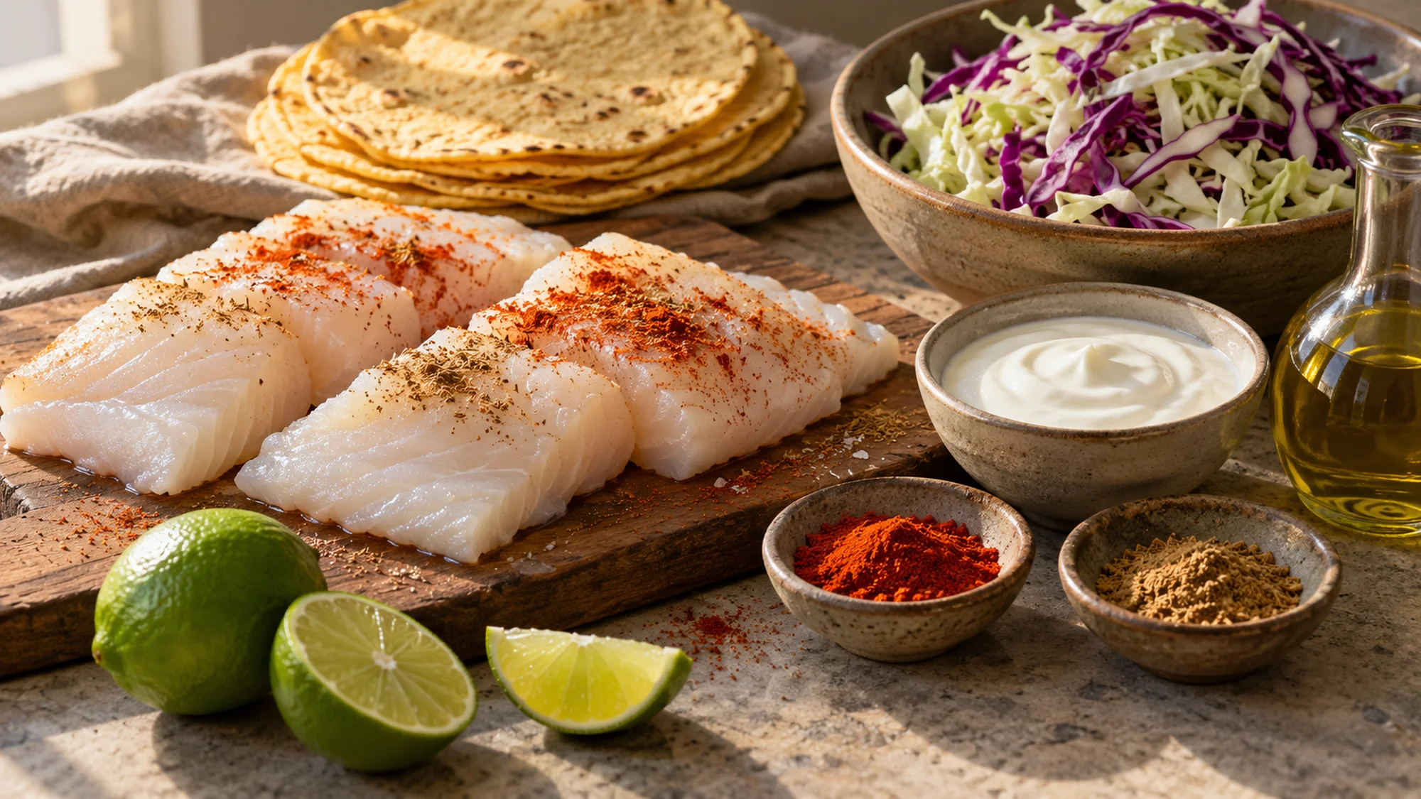 Fish, tortillas, cabbage and seasonings for baked cod tacos