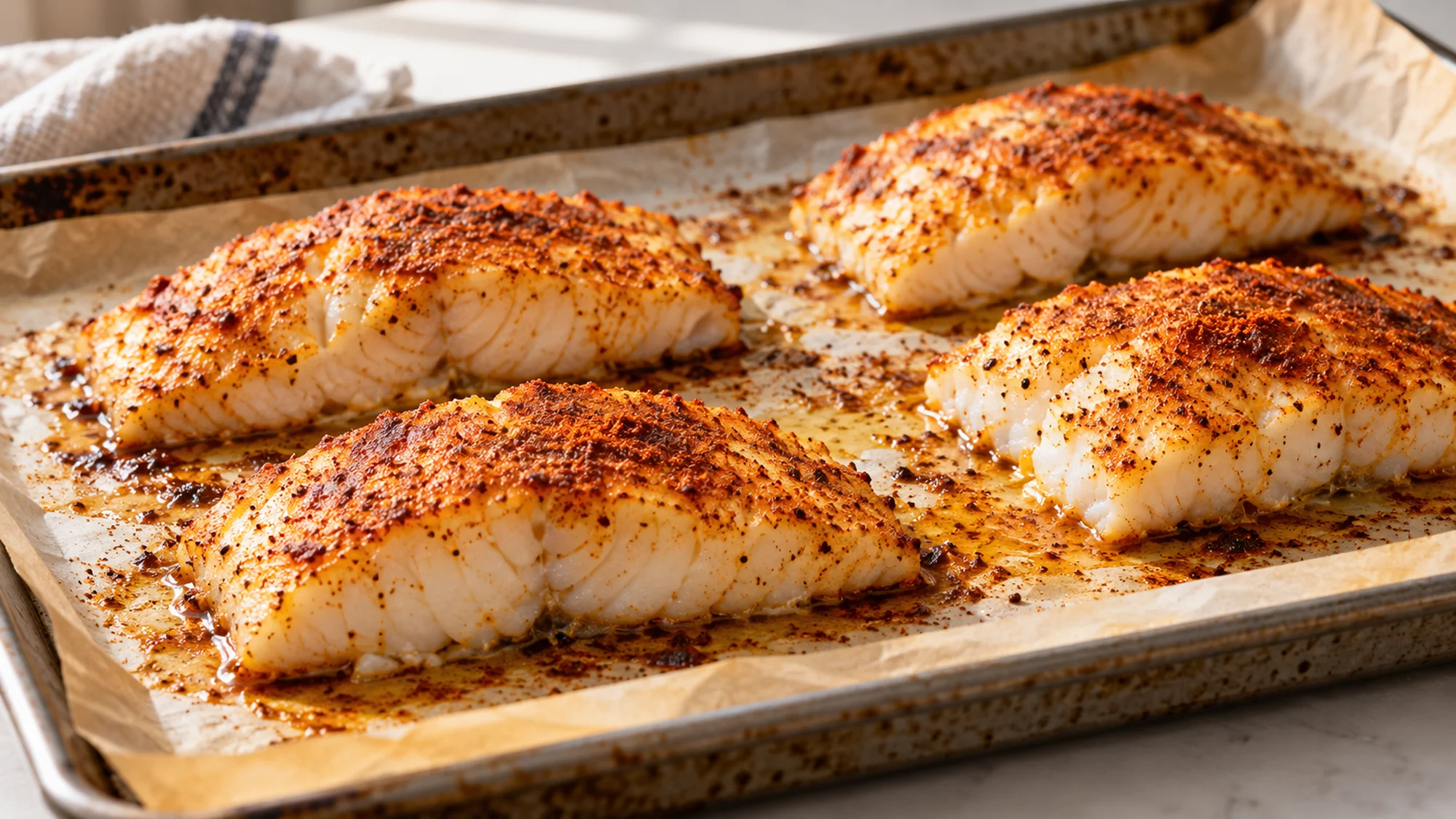 Paprika-seasoned fish on a tray for baked cod tacos