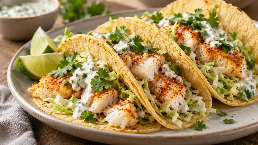 Baked cod tacos with cabbage, cilantro and lime yogurt