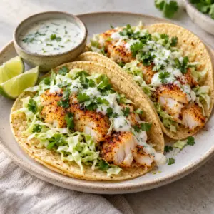 Baked cod tacos served with lime yogurt