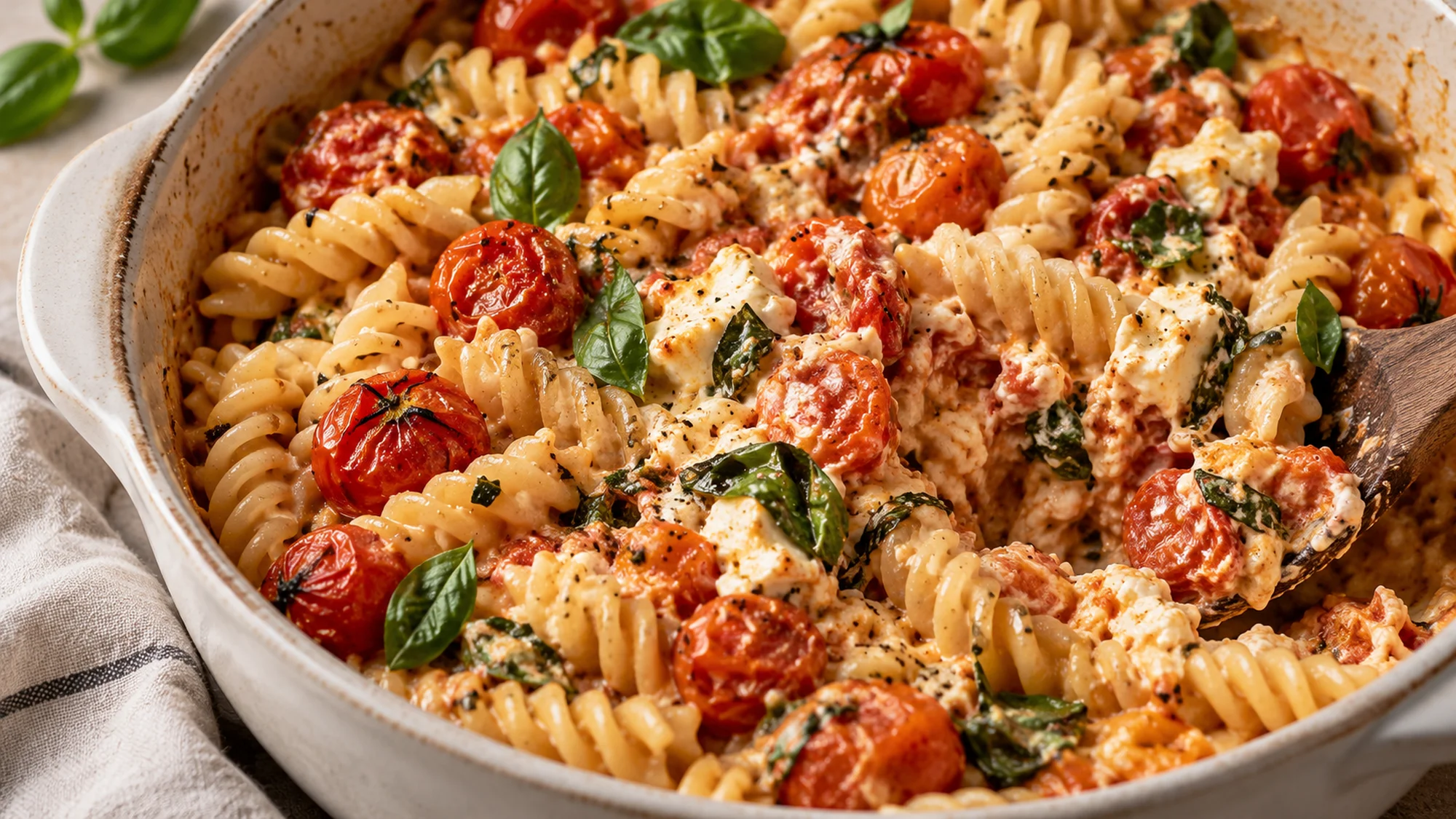 Close view of tomato sauce coating baked feta pasta
