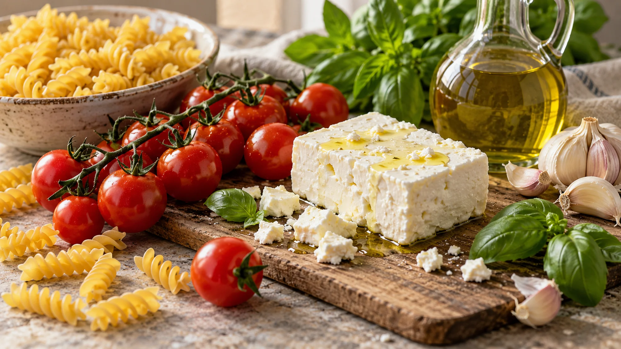 Feta, tomatoes, fusilli, basil and olive oil for baked feta pasta