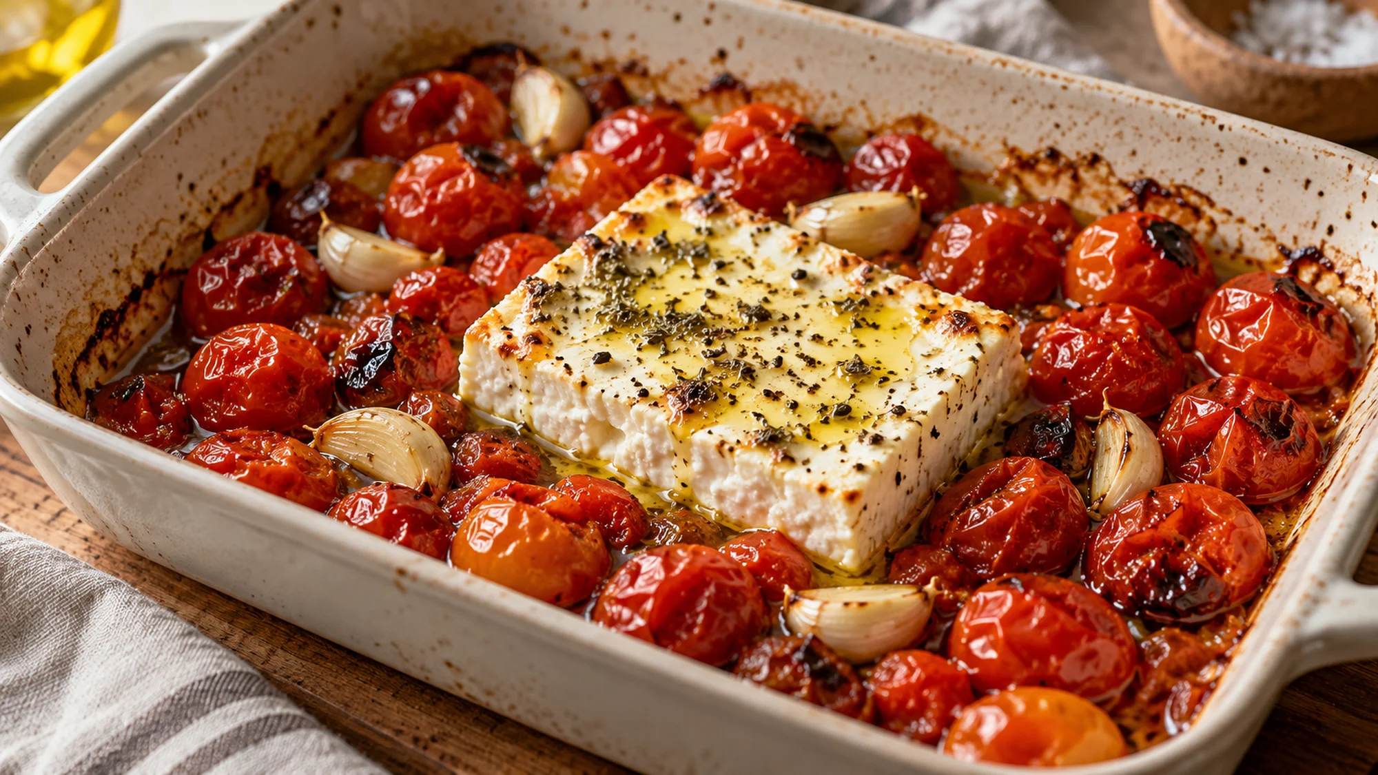 Roasted feta and tomatoes before mixing baked feta pasta
