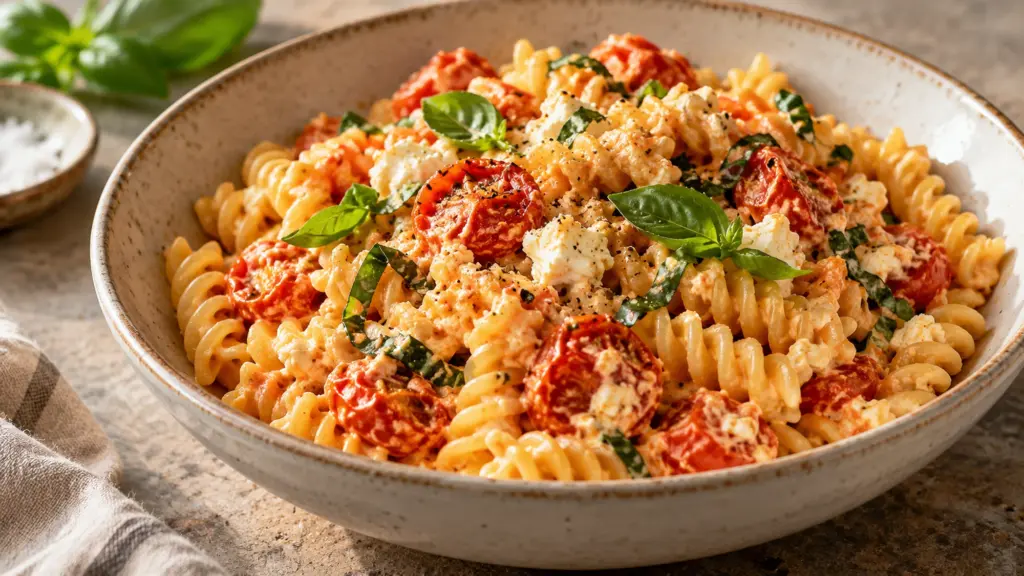 Baked feta pasta with fusilli, tomatoes and basil