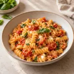 Baked feta pasta served in a ceramic bowl