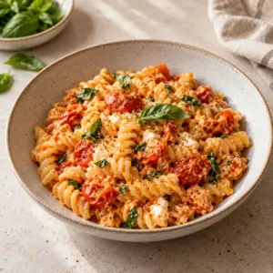 Baked feta pasta served in a ceramic bowl