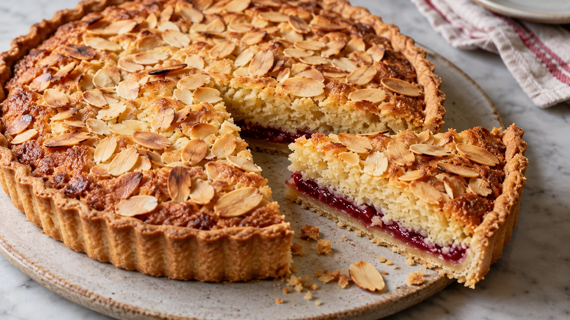 A sliced bakewell tart showing pastry, jam and frangipane