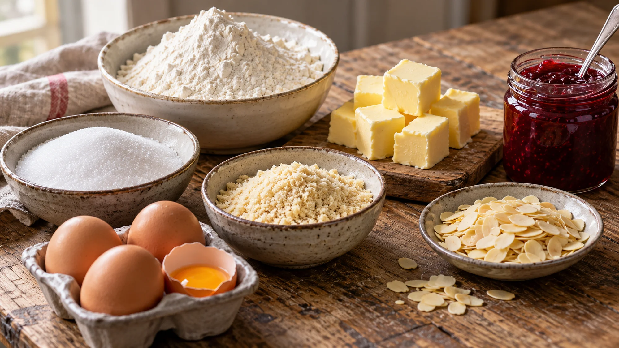 Flour, butter, eggs, sugar, almonds and jam for bakewell tart