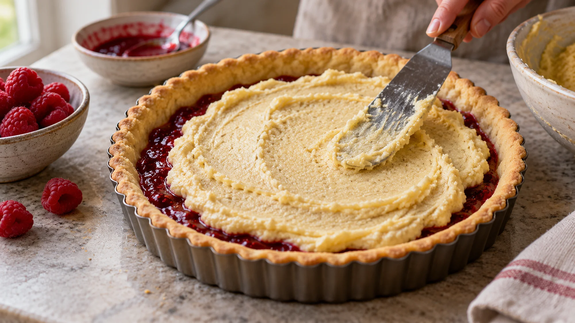 Frangipane being spread over jam in a bakewell tart shell