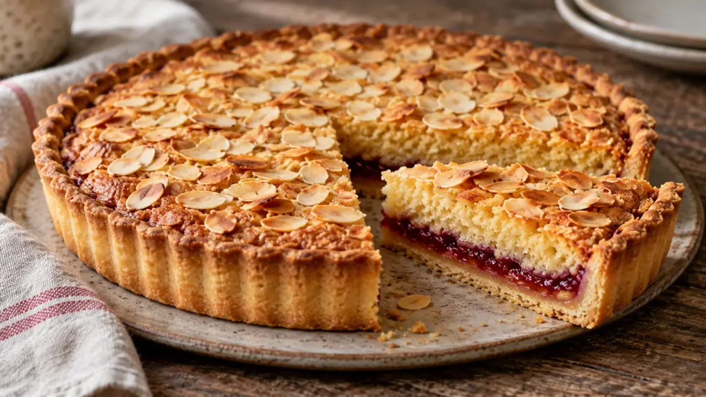 Bakewell tart with almond topping and a raspberry jam layer