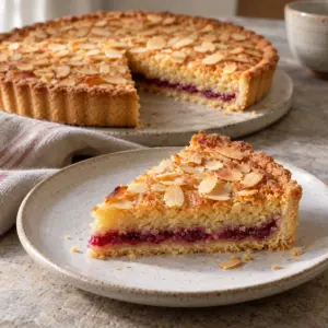 A slice of bakewell tart beside the remaining tart