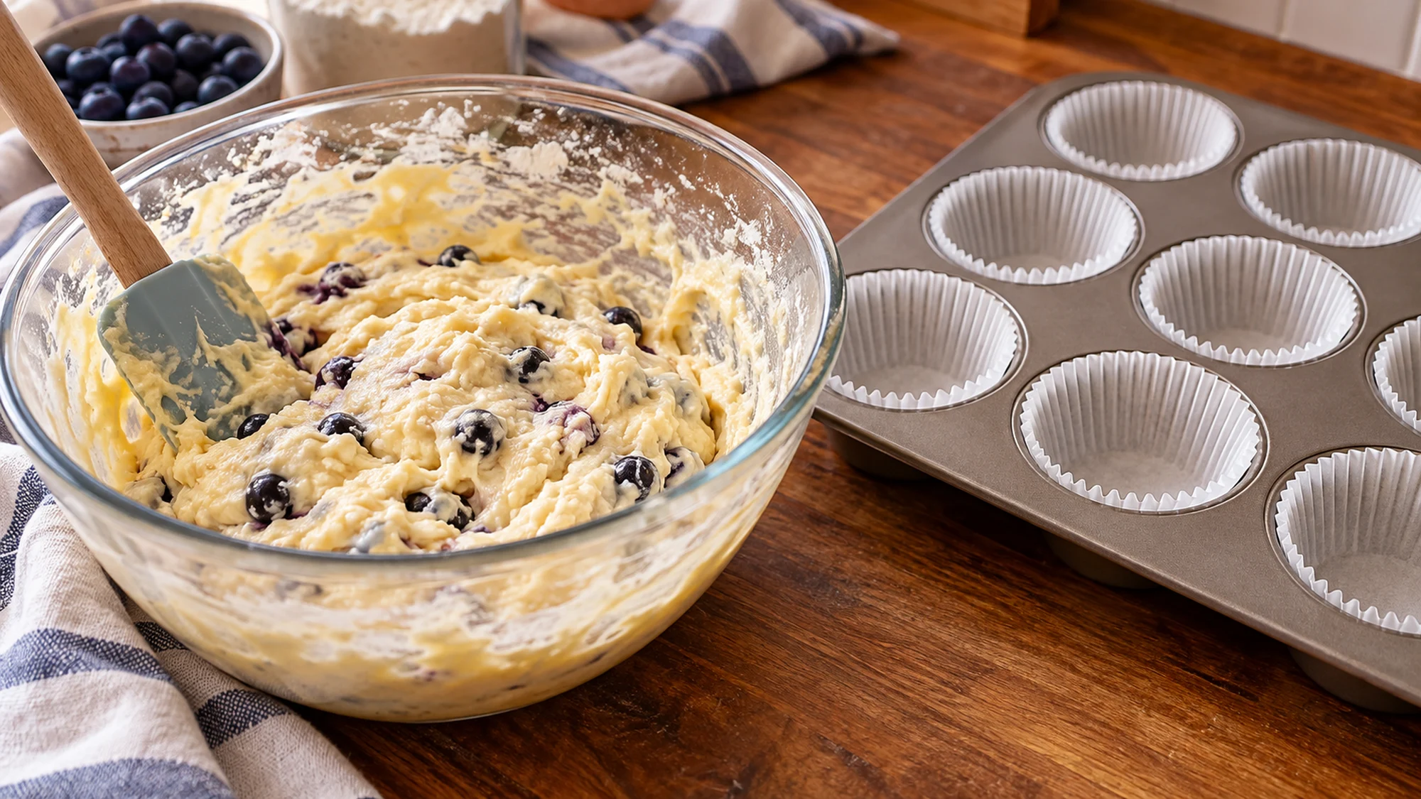 Muffin batter beside a prepared muffin pan