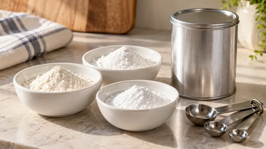 Dry baking powder substitute ingredients and measuring spoons
