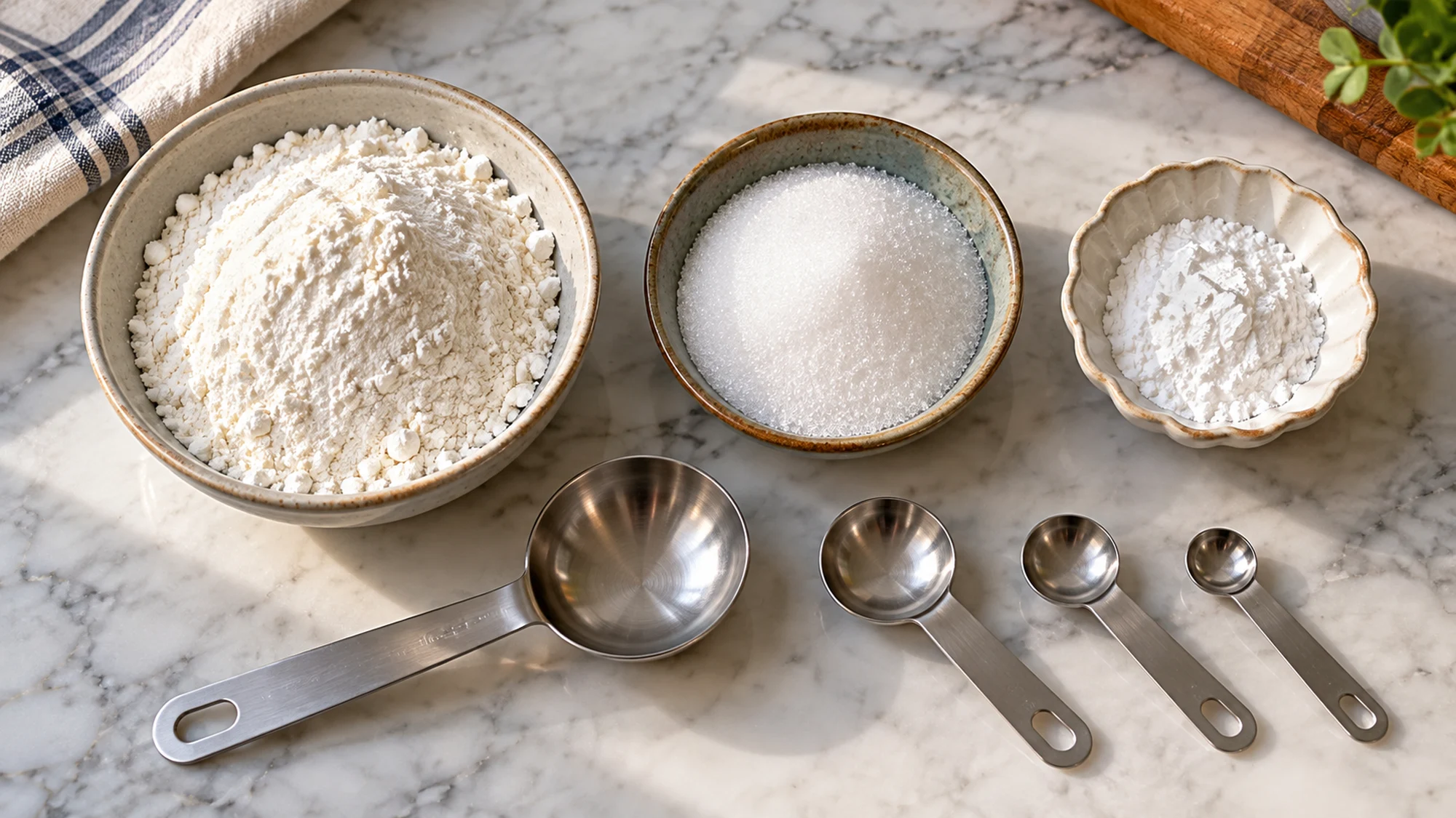 White baking ingredients beside graduated measuring spoons