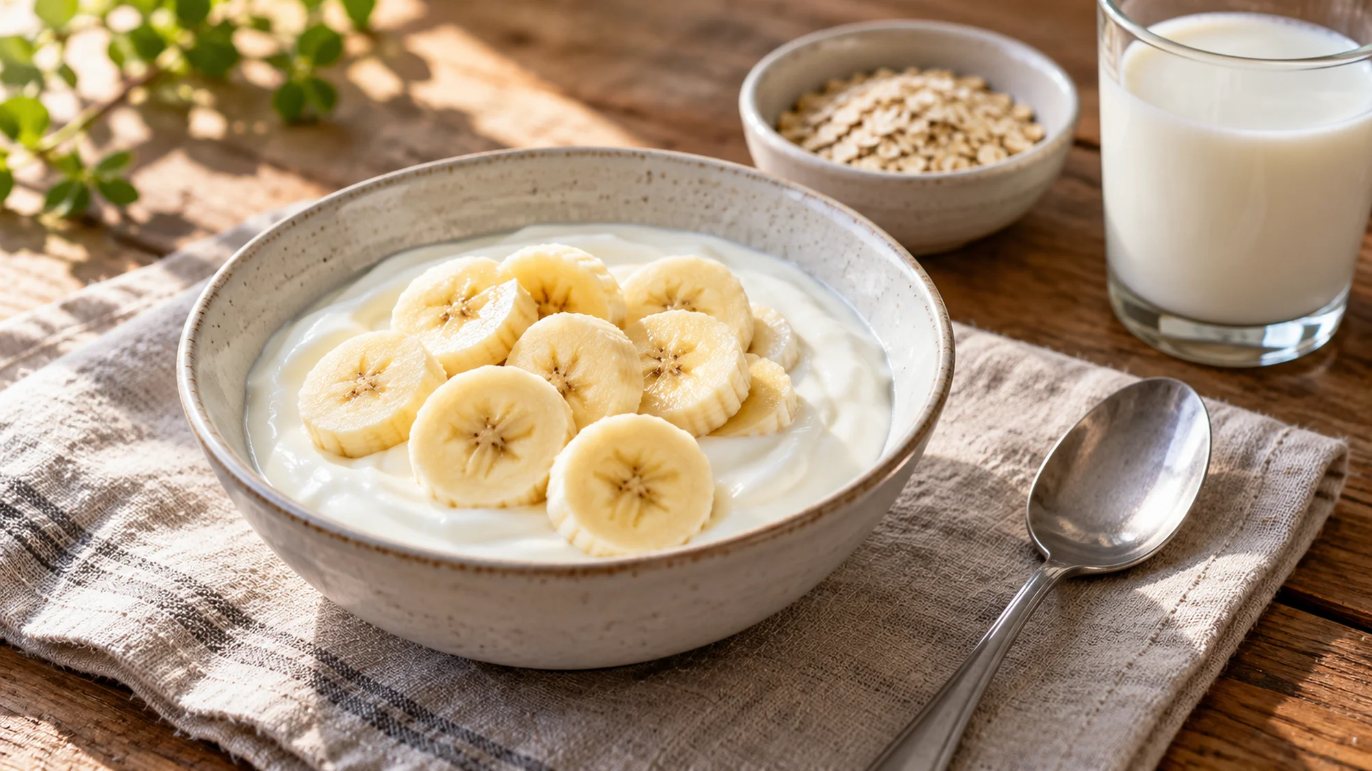 Banana slices over plain yogurt with oats and milk nearby