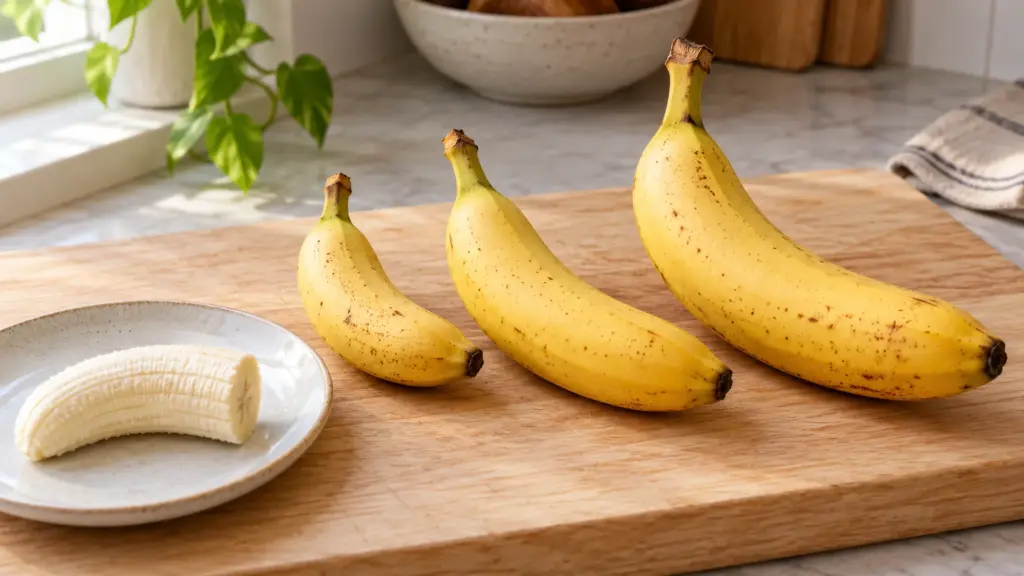 Bananas of different sizes beside a peeled half on a plate