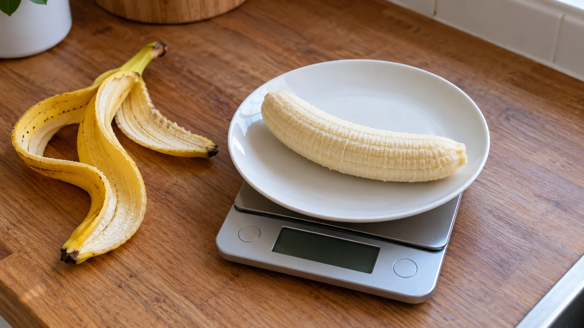 Peeled banana on a kitchen scale with its peel set aside