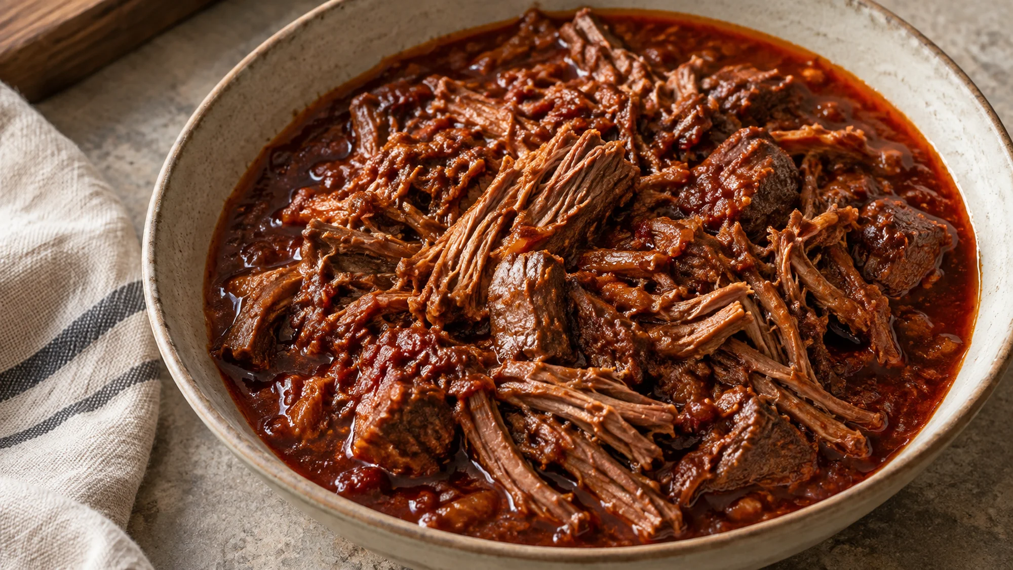 Close view of tender beef barbacoa strands
