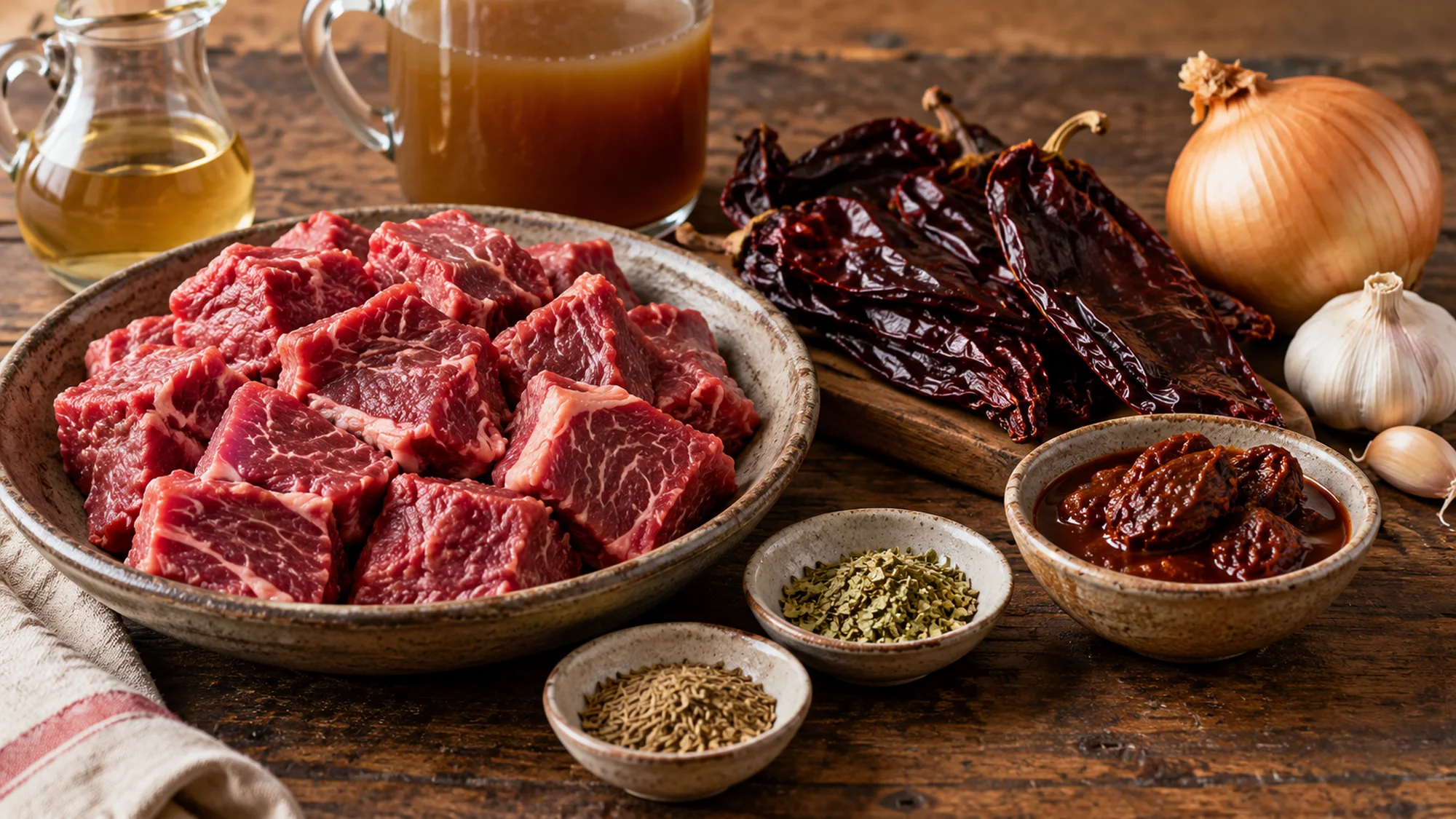 Beef chuck, dried chiles and aromatics for barbacoa