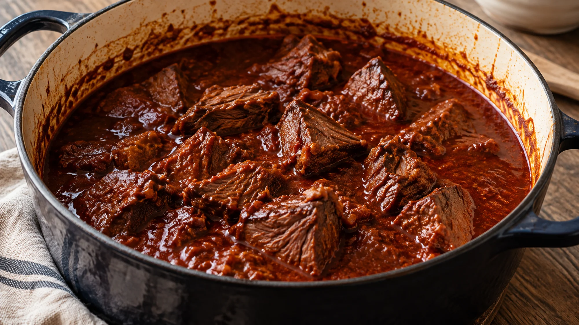 Beef barbacoa braising in a Dutch oven