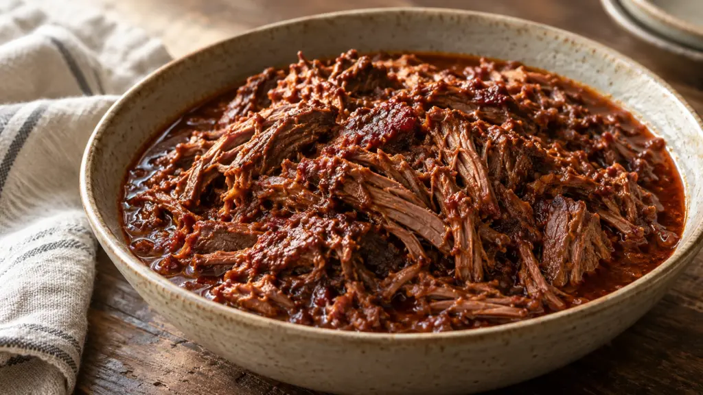 Shredded beef barbacoa in a red chile sauce