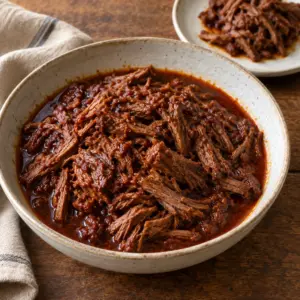 Beef barbacoa served with its cooking sauce