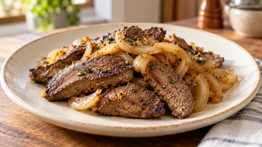 Cooked beef liver slices with golden onions on a ceramic plate