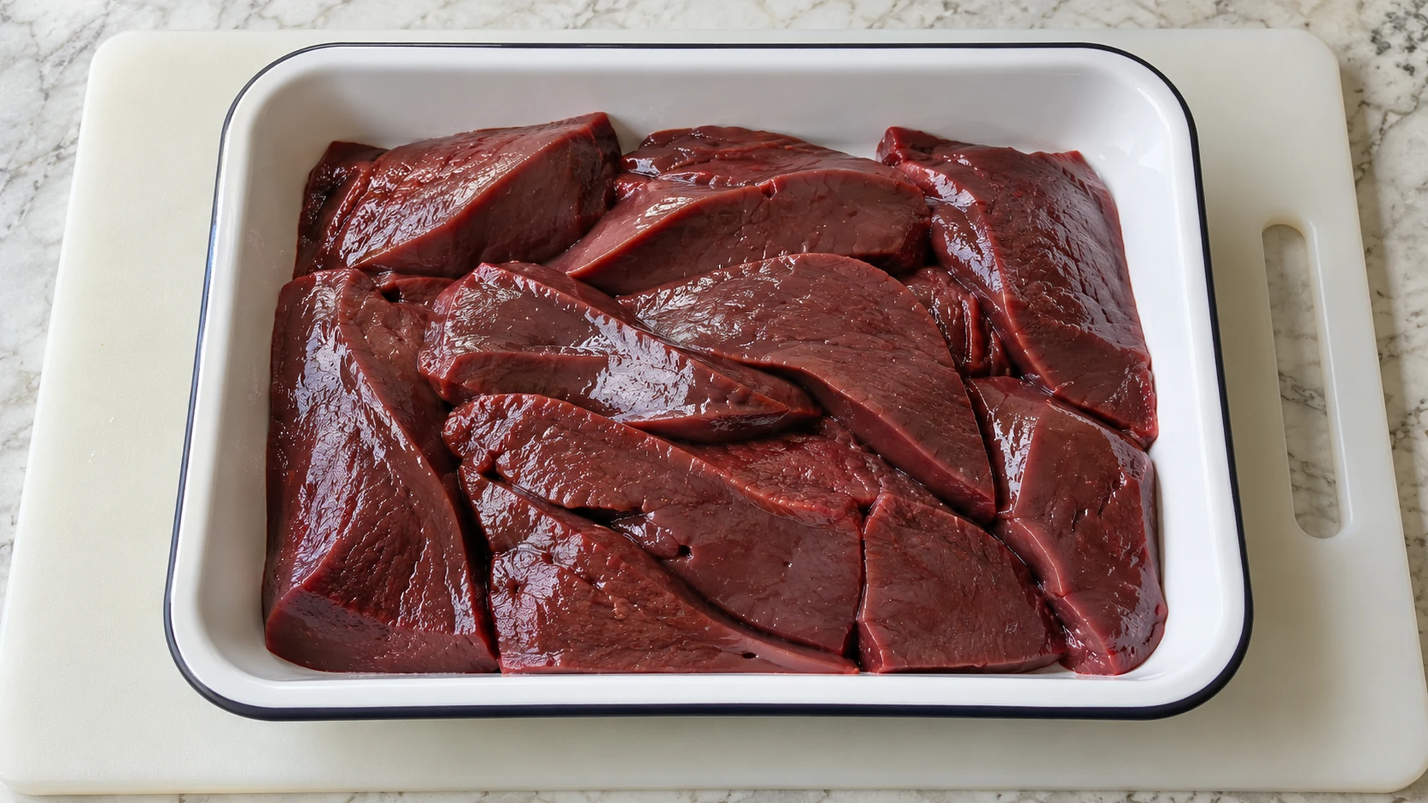 Raw beef liver slices contained in a white tray on a preparation board