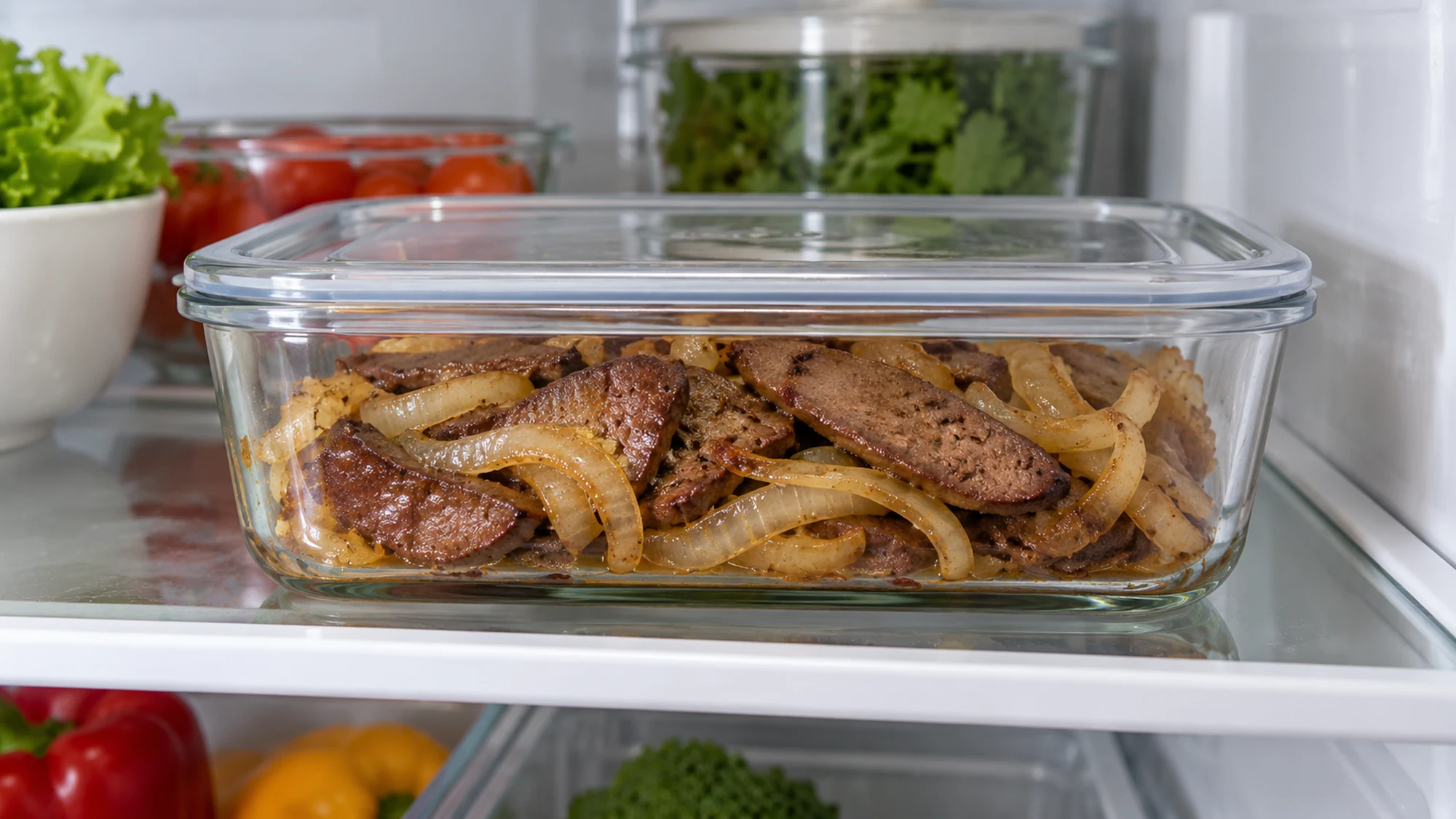Cooked beef liver and onions in a covered glass refrigerator container