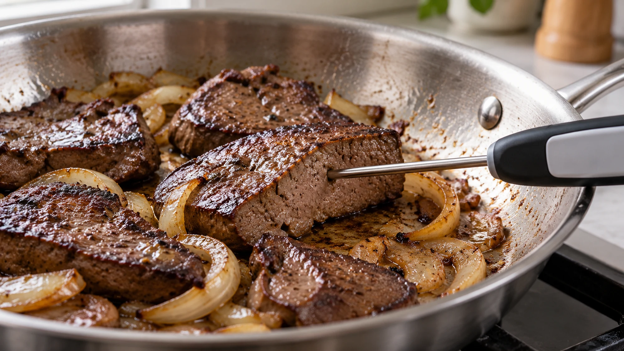 Food thermometer inserted into cooked beef liver in a skillet
