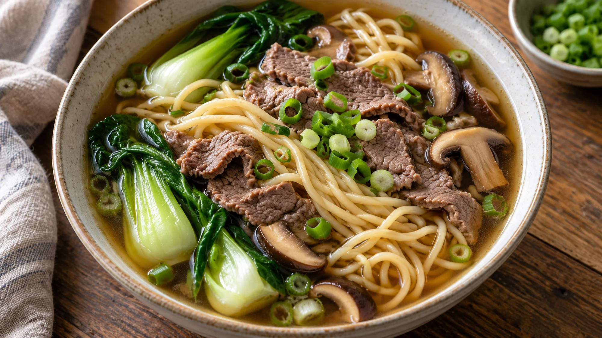 A bowl of beef noodle soup showing noodles and sliced beef