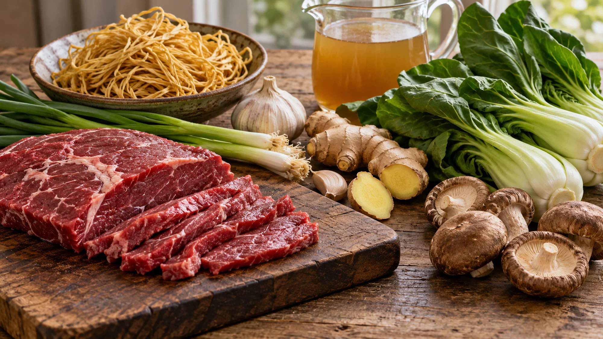 Beef, noodles, ginger and vegetables for beef noodle soup