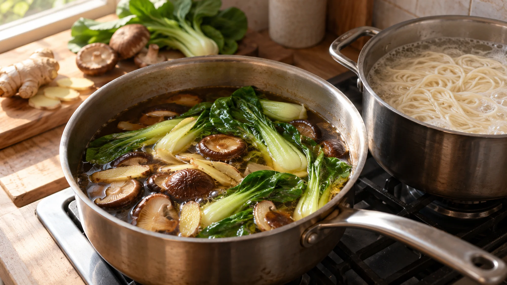 Broth and vegetables simmering for beef noodle soup