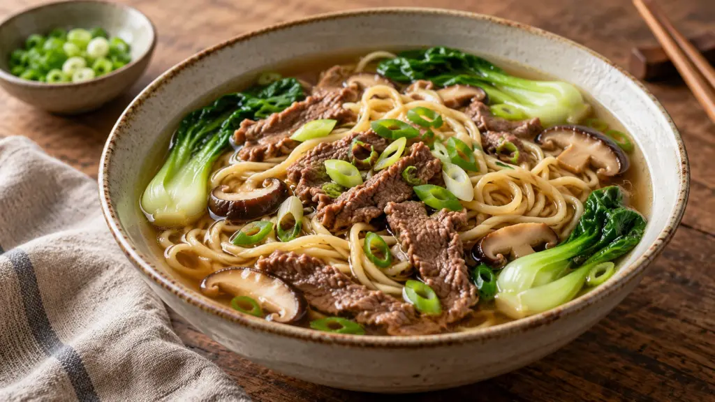 Beef noodle soup with bok choy, mushrooms and scallions